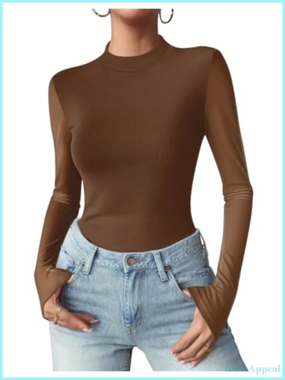 Women Floral Mesh Long Sleeve Mock Neck See Through Blouse
